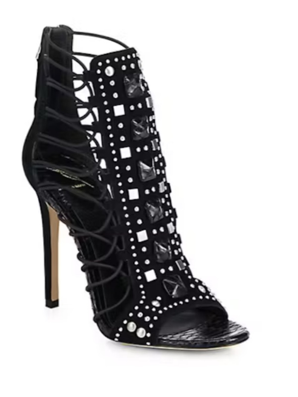 Brian Atwood Black Studded Lace-Up Peep-Toe Stiletto. Size 10